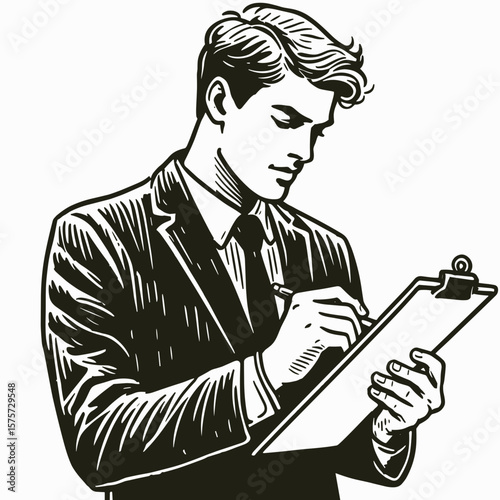 A American Manager checking clipboard notes. Career Job Profession Occupation Employment Work Clipart Line Art Vector Illustration. Usa executive inspecting form record making mark.