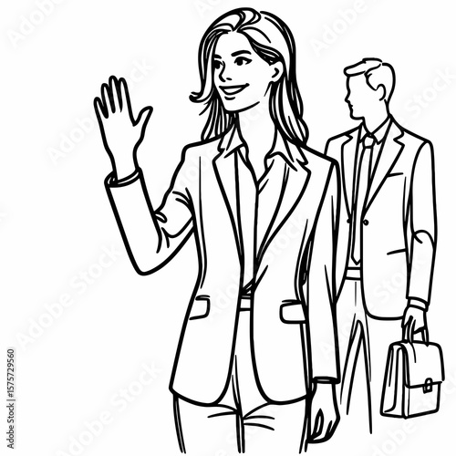 A American Manager greeting team member. Career Job Profession Occupation Employment Work Clipart Line Art Vector Illustration. usa head person welcomes office worker friendly environment.