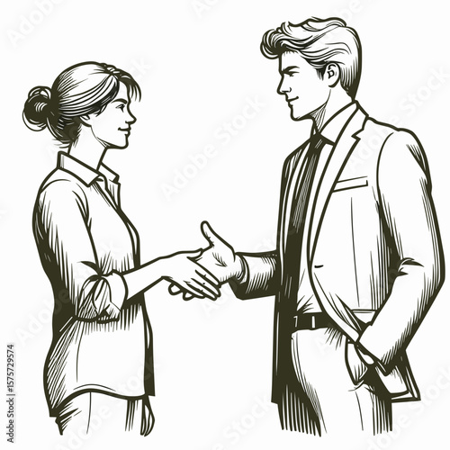 A American Manager greeting team member. Career Job Profession Occupation Employment Work Clipart Line Art Vector Illustration. United states leader welcomes group associate with pleasant.