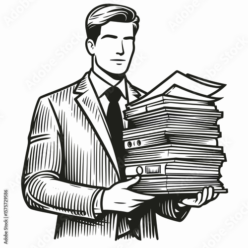 A American Manager holding files stack. Career Job Profession Occupation Employment Work Clipart Line Art Vector Illustration. Usa executive carrying record heap paperwork in hands project.