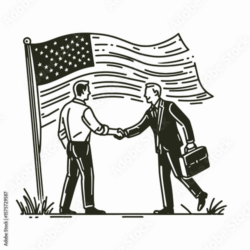 A American Manager greeting team member. Career Job Profession Occupation Employment Work Clipart Line Art Vector Illustration. usa boss welcoming staff individual imparting warm.