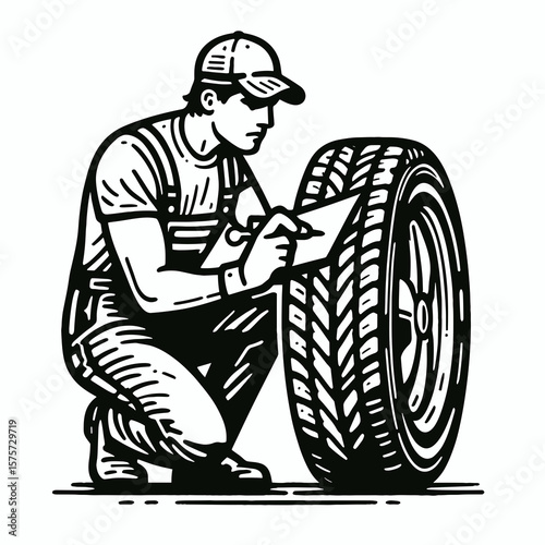A American Mechanic inspecting tire tread. Career Job Profession Occupation Employment Work Clipart Line Art Vector Illustration. United states auto technician examining wheel rubber depth.