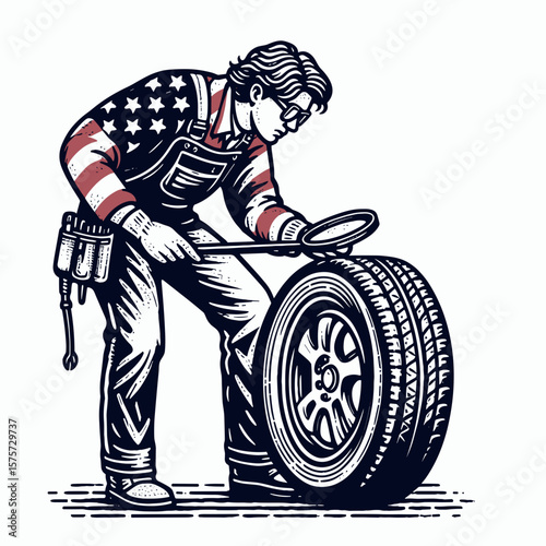 A American Mechanic inspecting tire tread. Career Job Profession Occupation Employment Work Clipart Line Art Vector Illustration. Auto technician checks car rubber ensuring vehicle safety.