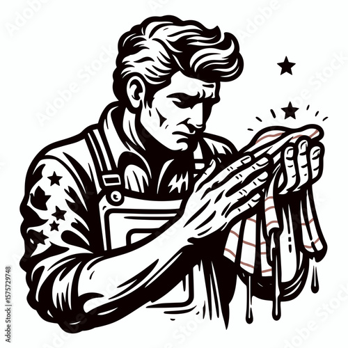 A American Mechanic wiping greasy hands. Career Job Profession Occupation Employment Work Clipart Line Art Vector Illustration. United states auto technician cleaning soiled palm with rag.