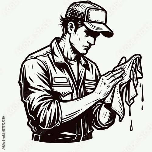 A American Mechanic wiping greasy hands. Career Job Profession Occupation Employment Work Clipart Line Art Vector Illustration. United states auto technician cleaning soiled palm hard.