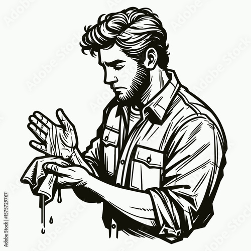 A American Mechanic wiping greasy hands. Career Job Profession Occupation Employment Work Clipart Line Art Vector Illustration. Usa auto technician cleaning oily palm vehicle repair image.