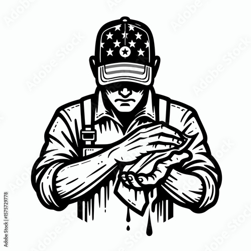 A American Mechanic wiping greasy hands. Career Job Profession Occupation Employment Work Clipart Line Art Vector Illustration. Usa auto repair person cleaning dirty palms after vehicle.