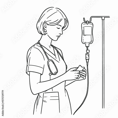 A American Nurse adjusting IV drip. Career Job Profession Occupation Employment Work Clipart Line Art Vector Illustration. Healthcare job usa caregiver regulates intravenous fluid flow.