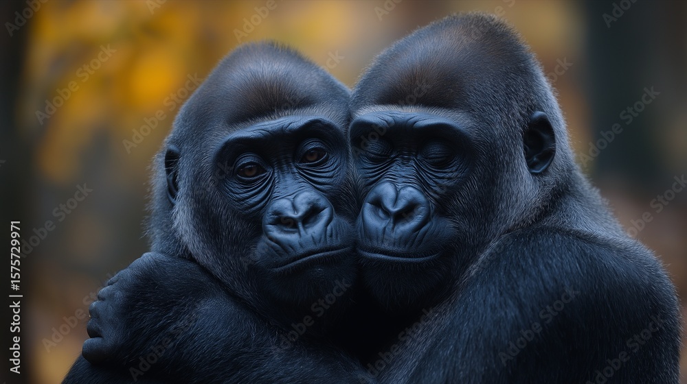 Fototapeta premium Two gorillas gently touching noses in warm autumn light, showing affection and connection.