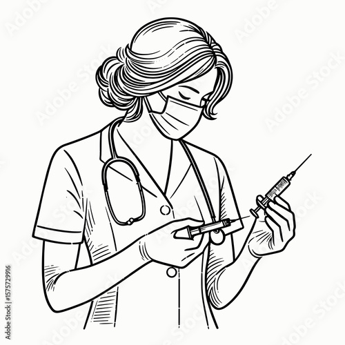 A American Nurse preparing injection syringe. Career Job Profession Occupation Employment Work Clipart Line Art Vector Illustration. United state caregiver making shot administering needle.