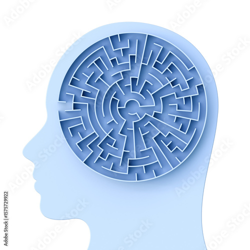 Human head in shape of maze or labyrinth on a isolated background with copyspace. Concept of mental health. Human head and inside a maze.