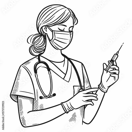 A American Nurse preparing injection syringe. Career Job Profession Occupation Employment Work Clipart Line Art Vector Illustration. Usa health aide readies fluid shot tool healthcare.