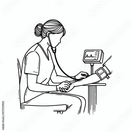 A American Nurse taking patient vitals. Career Job Profession Occupation Employment Work Clipart Line Art Vector Illustration. Usa health worker gauging well-being regular check routine.