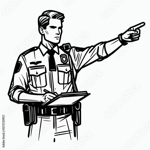 A American Officer directing traffic flow. Career Job Profession Occupation Employment Work Clipart Line Art Vector Illustration. Roadway management us law enforcer giving instructions.