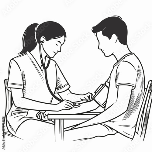 A American Nurse taking patient vitals. Career Job Profession Occupation Employment Work Clipart Line Art Vector Illustration. United states caregiver measures wellbeing data.