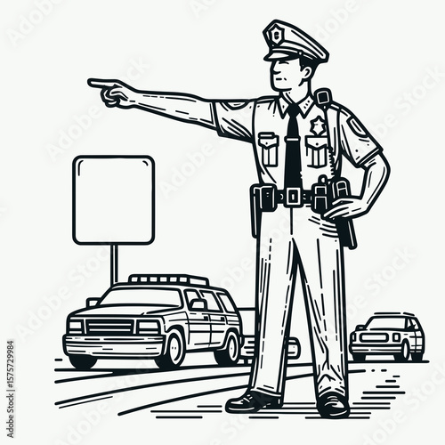 A American Officer directing traffic flow. Career Job Profession Occupation Employment Work Clipart Line Art Vector Illustration. Usa law enforcement official controlling vehicles movement.