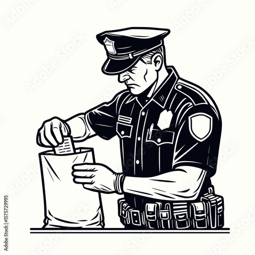 A American Officer inspecting evidence bag. Career Job Profession Occupation Employment Work Clipart Line Art Vector Illustration. united states cop looking at crime scene storage pouch.