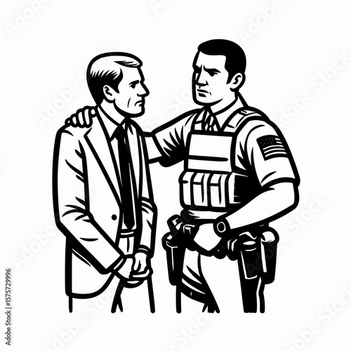 A American Officer reassuring frightened civilian. Career Job Profession Occupation Employment Work Clipart Line Art Vector Illustration. Usa troop allaying terror of worried local calm.