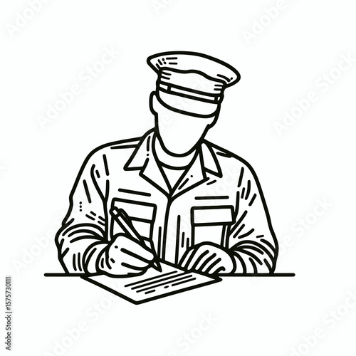 A American Officer writing down report. Career Job Profession Occupation Employment Work Clipart Line Art Vector Illustration. usa military man noting data for record during function.