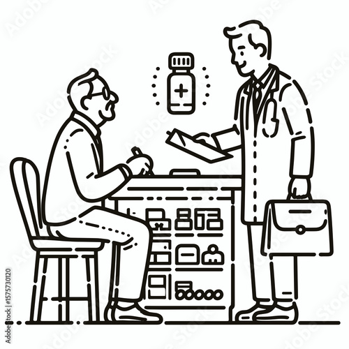 A American Pharmacist advising elderly customer. Career Job Profession Occupation Employment Work Clipart Line Art Vector Illustration. Usa drugstore worker helping older client with health.