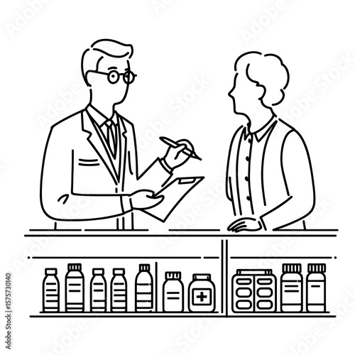 A American Pharmacist advising elderly customer. Career Job Profession Occupation Employment Work Clipart Line Art Vector Illustration. Usa drug expert giving direction to senior client.