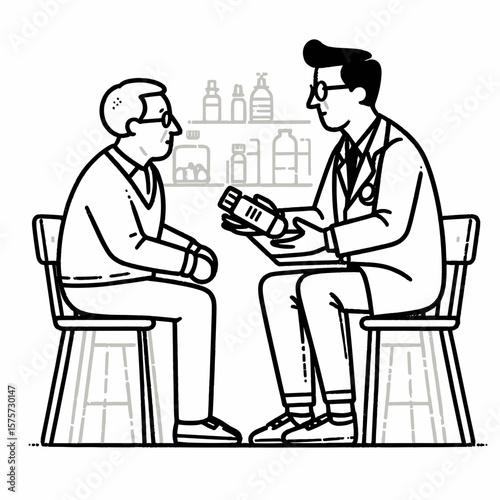 A American Pharmacist advising elderly customer. Career Job Profession Occupation Employment Work Clipart Line Art Vector Illustration. Usa druggist giving direction to senior client.