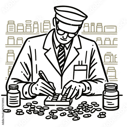 A American Pharmacist counting medicine pills. Career Job Profession Occupation Employment Work Clipart Line Art Vector Illustration. usa dispenser tabulating drug tablet healthcare worker.