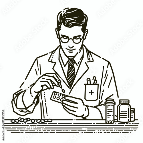 A American Pharmacist counting medicine pills. Career Job Profession Occupation Employment Work Clipart Line Art Vector Illustration. Usa drugstore employee tabulating medication tablet.