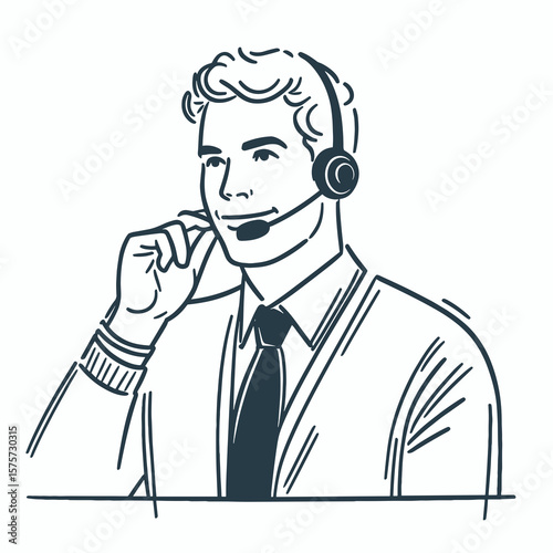 A American Rep talking on headset. Career Job Profession Occupation Employment Work Clipart Line Art Vector Illustration. United states agent speaking via earphone device for communication.