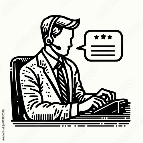 A American Rep typing customer complaint. Career Job Profession Occupation Employment Work Clipart Line Art Vector Illustration. United states agent inputting client issue via keyboard.