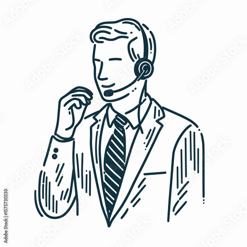 A American Rep talking on headset. Career Job Profession Occupation Employment Work Clipart Line Art Vector Illustration. United states agent discussing matter via earphone communication.