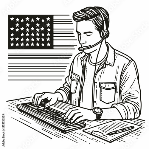 A American Rep typing customer complaint. Career Job Profession Occupation Employment Work Clipart Line Art Vector Illustration. United states agent documenting client grievance via keyboard.