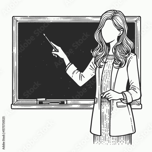 A American Teacher pointing at chalkboard. Career Job Profession Occupation Employment Work Clipart Line Art Vector Illustration. Educator from america showing board content in learning.