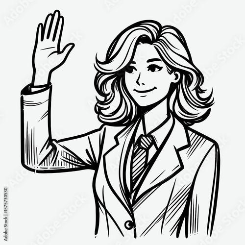 A American Teacher raising hand to ask. Career Job Profession Occupation Employment Work Clipart Line Art Vector Illustration. Educator from united state volunteering query in class.