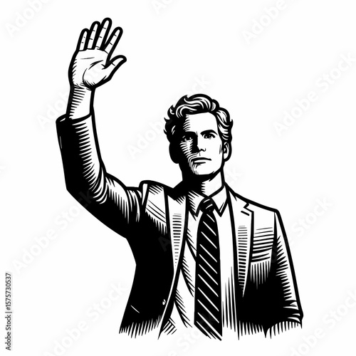 A American Teacher raising hand to ask. Career Job Profession Occupation Employment Work Clipart Line Art Vector Illustration. United states educator seeking clarification volunteer.