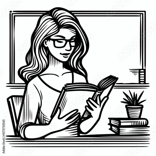 A American Teacher reading book aloud. Career Job Profession Occupation Employment Work Clipart Line Art Vector Illustration. united states educator vocalizing story novel loudly.