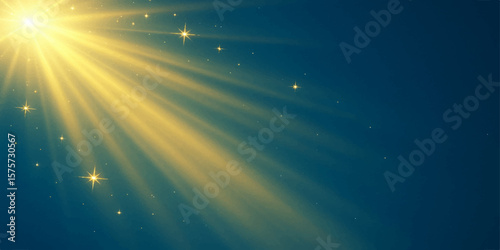 Dark blue abstract background with glowing golden light rays and sparkling dust