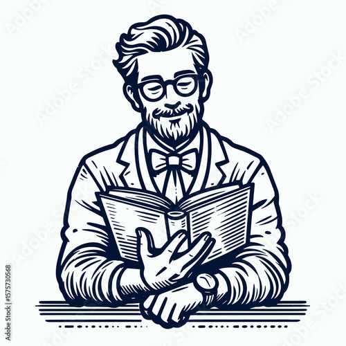 A American Teacher reading book aloud. Career Job Profession Occupation Employment Work Clipart Line Art Vector Illustration. Educator from the usa narrating volume publicly for pupils.
