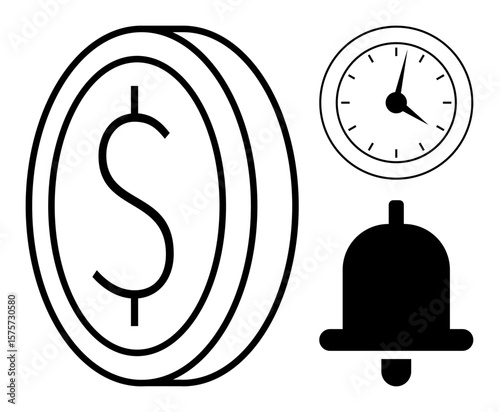 Coin with dollar sign, analog clock, and alert bell emphasizing time management, financial reminder, monetary savings, productivity, urgency, economic planning, and organization in a simple flat
