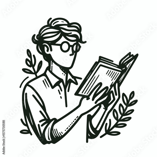A American Teacher reading book aloud. Career Job Profession Occupation Employment Work Clipart Line Art Vector Illustration. Usa educator sharing story loudly learning activity.