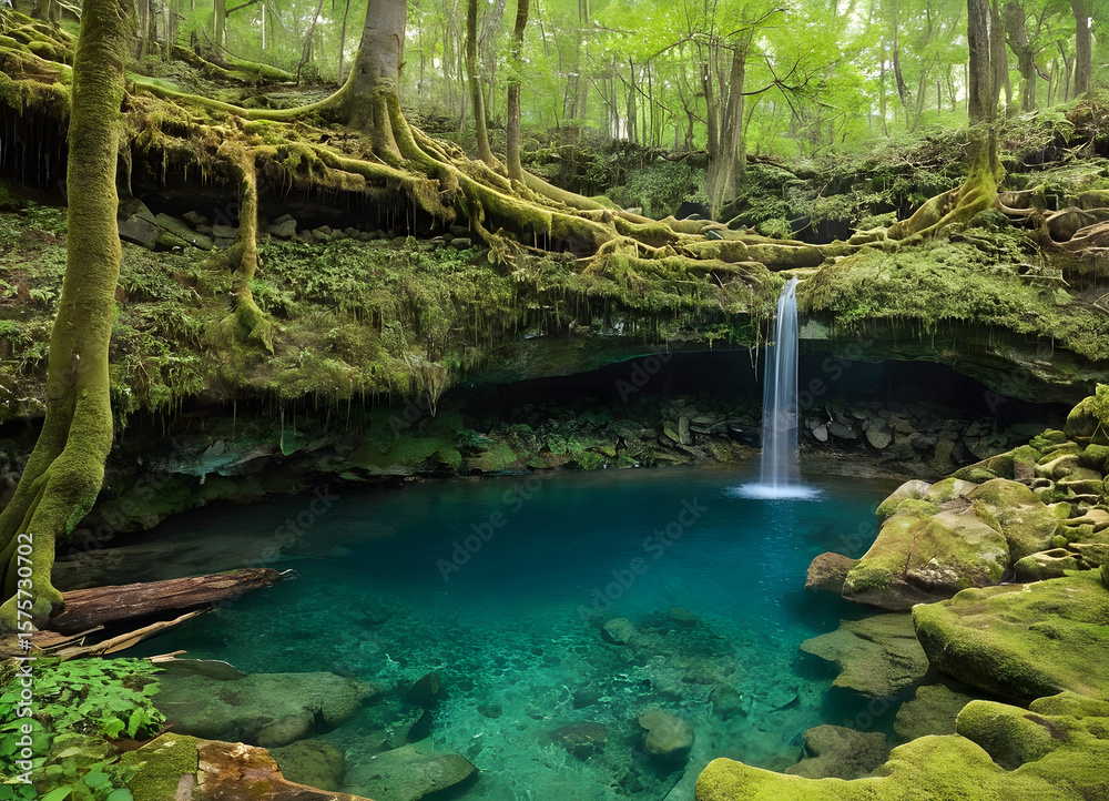 Naklejka premium Enchanted Forest Pool with Waterfall and Mossy Rocks
