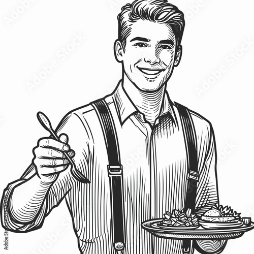 A American Waiter smiling delivering meal. Career Job Profession Occupation Employment Work Clipart Line Art Vector Illustration. Us server joyful bringing food item at eatery offering.