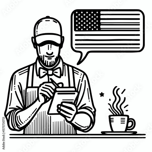 A American Waiter taking food order. Career Job Profession Occupation Employment Work Clipart Line Art Vector Illustration. Usa server at noting meal choice from client cafe service.