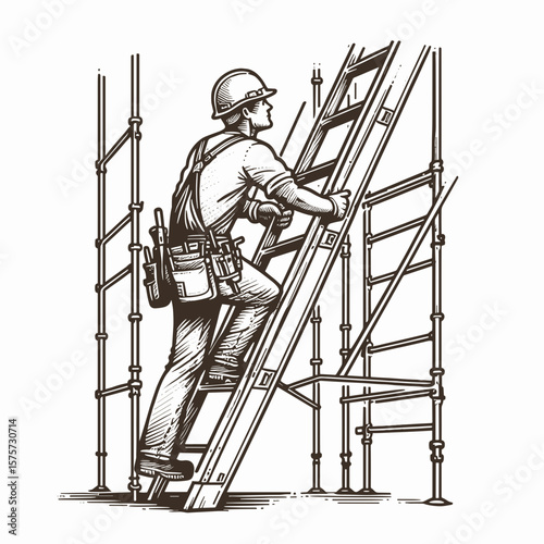A American Worker climbing scaffolding ladder. Career Job Profession Occupation Employment Work Clipart Line Art Vector Illustration. Usa employee ascending construction platform stair.