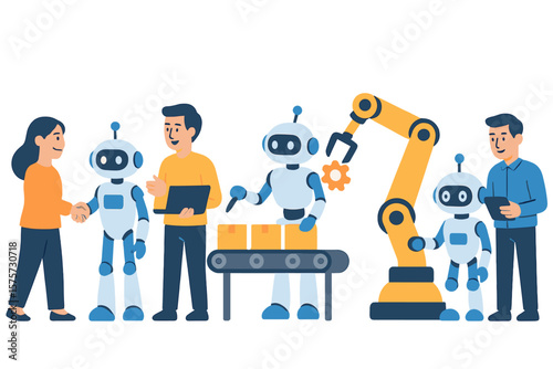 Humans and robots collaborate in a modern workspace showcasing teamwork and technology integration