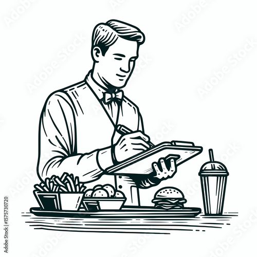 A American Waiter taking food order. Career Job Profession Occupation Employment Work Clipart Line Art Vector Illustration. usa server noting meal choice at eatery helping patron.