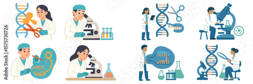 Various laboratory activities showcasing scientists engaged in genetic research and analysis with modern equipment