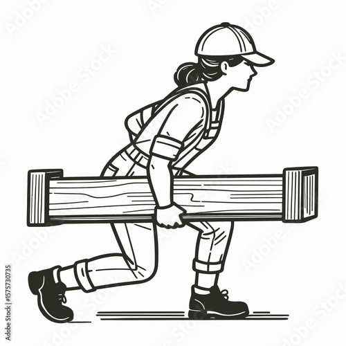 A American Worker lifting heavy beam. Career Job Profession Occupation Employment Work Clipart Line Art Vector Illustration. United states employee raising weighty girder manual at building.