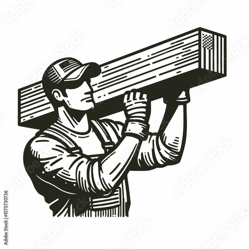 A American Worker lifting heavy beam. Career Job Profession Occupation Employment Work Clipart Line Art Vector Illustration. Us laborer elevating massive girder construction vocation.