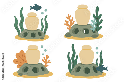 Design of underwater scene featuring pottery on a coral reef with fish swimming around in a colorful marine habitat